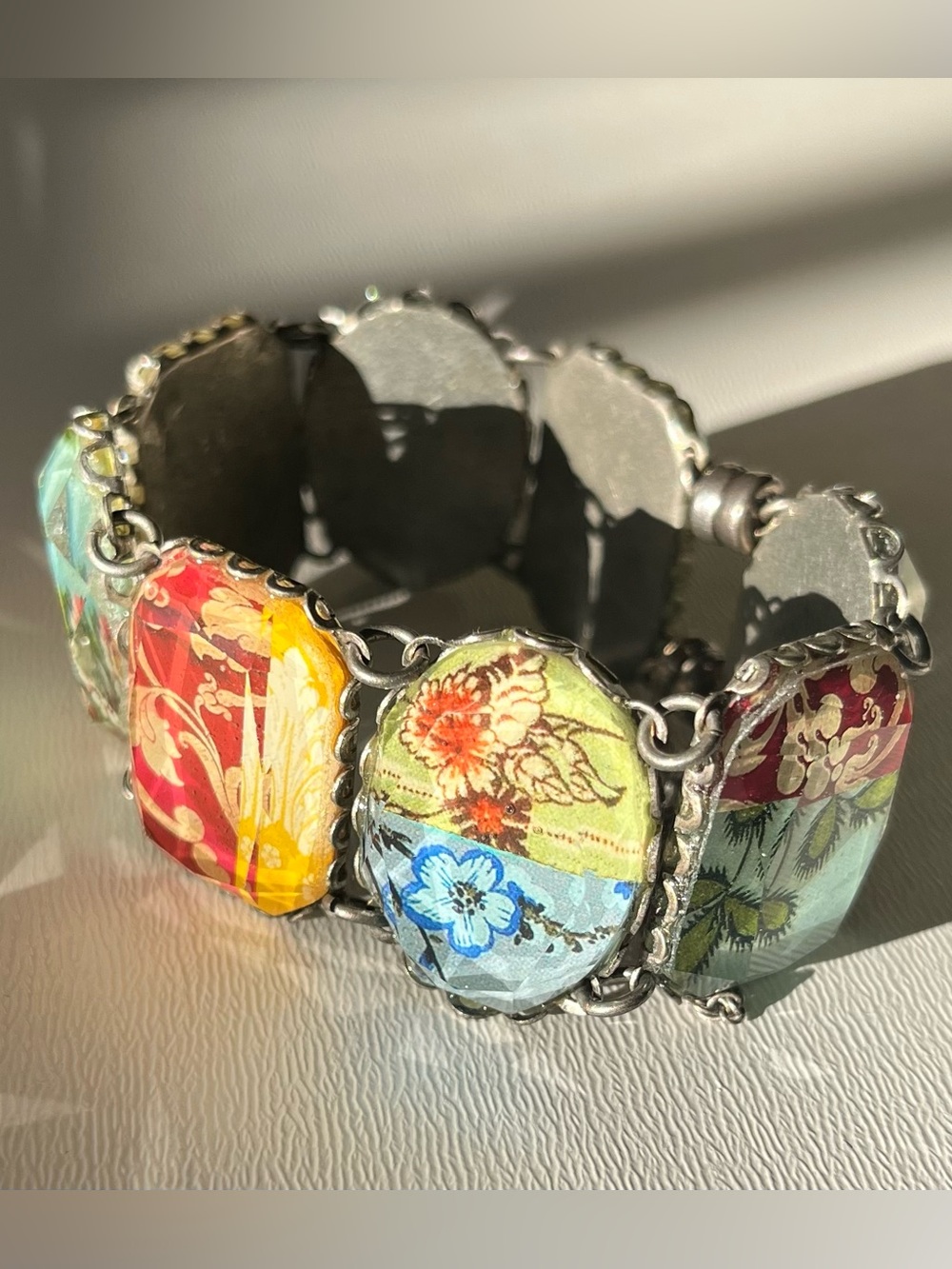 Rare! Vintage Ayala Bar bracelet with floral fabric under faceted glass.